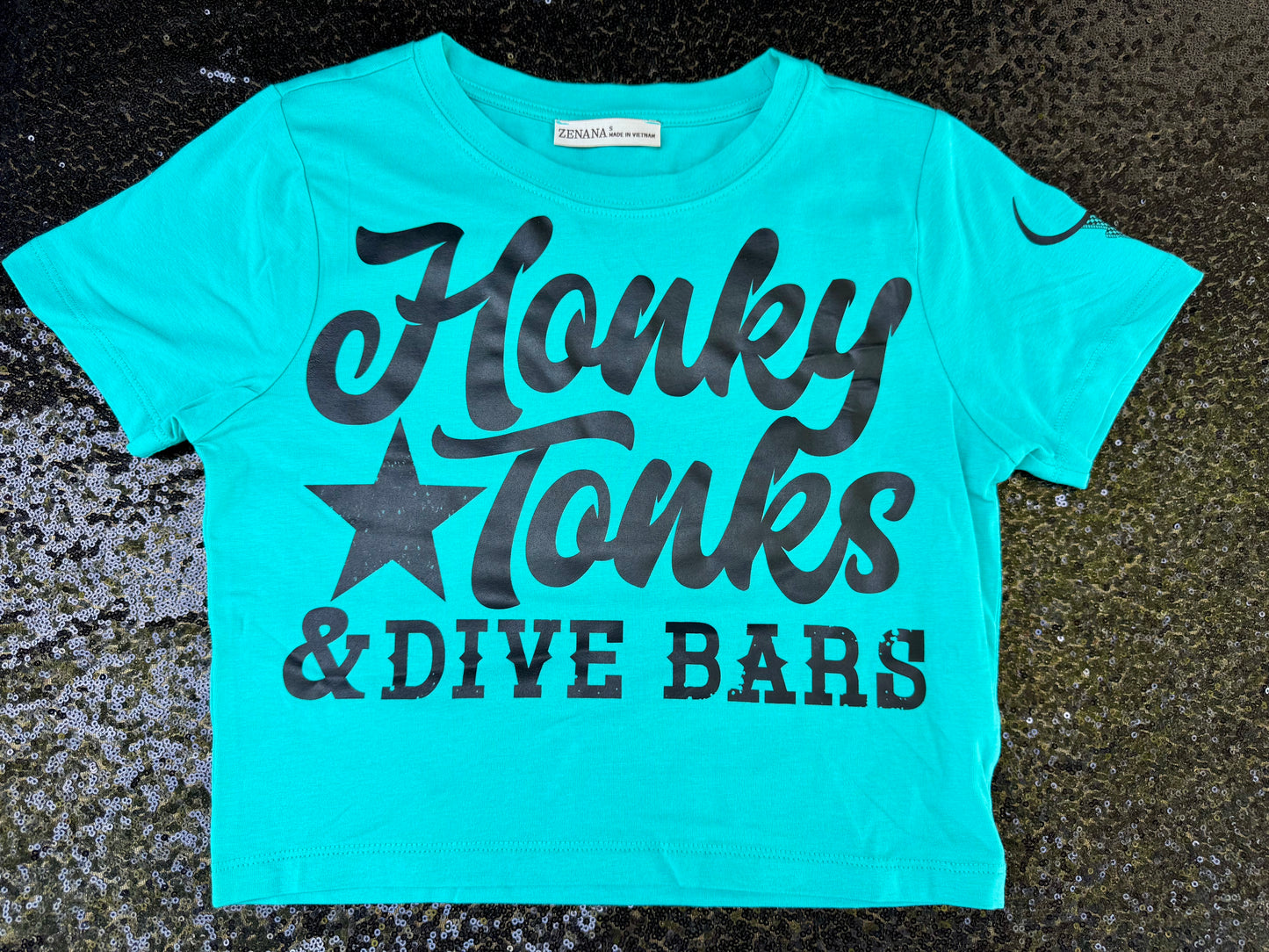 Honky Tonks & Dive Bars Crop Tee-Turquoise Pop