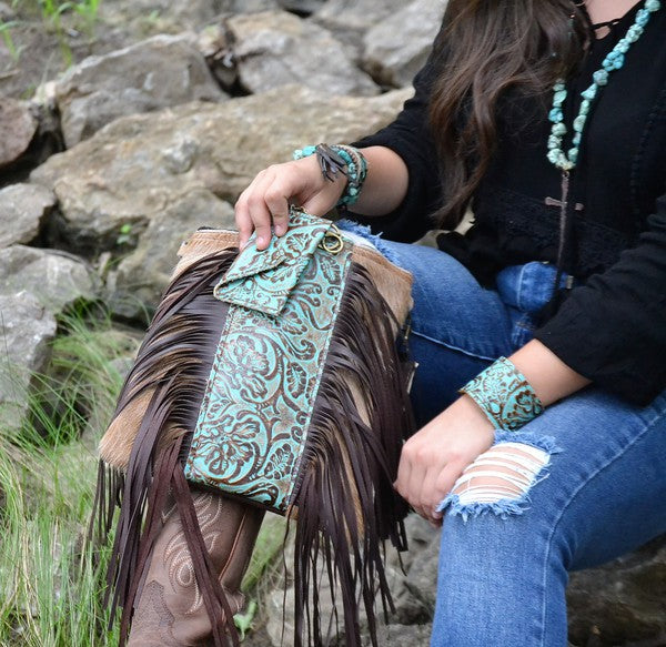 Hair on Hide Center Cowboy Turq Crossbody Handbag