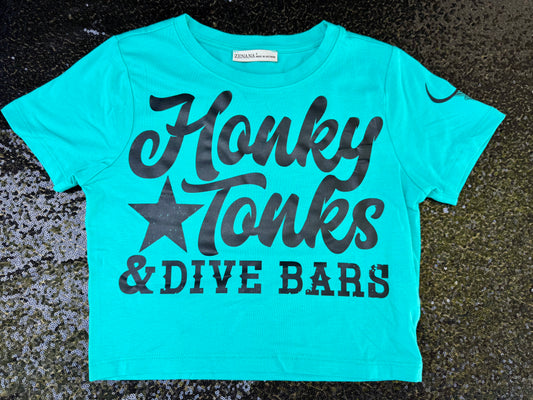 Honky Tonks & Dive Bars Crop Tee-Turquoise Pop